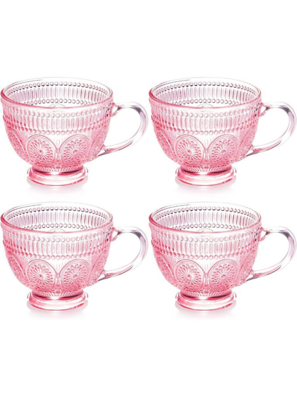 Vintage Pink Embossed Glass Coffee Mugs - 14 oz Handle Cups for Latte, Tea